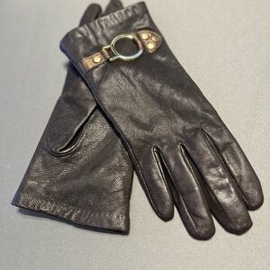 Women’s Brownish Black Leather Gloves with Gold Hardware
